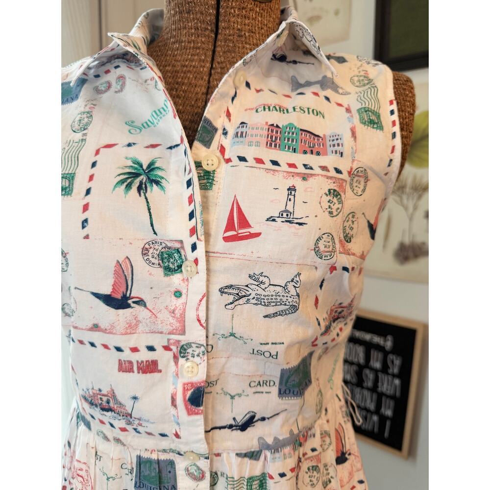 J.Crew Postcard Print Cotton Linen Sleeveless Shirt Dress BP800 White 2P NEW - Picture 2 of 6